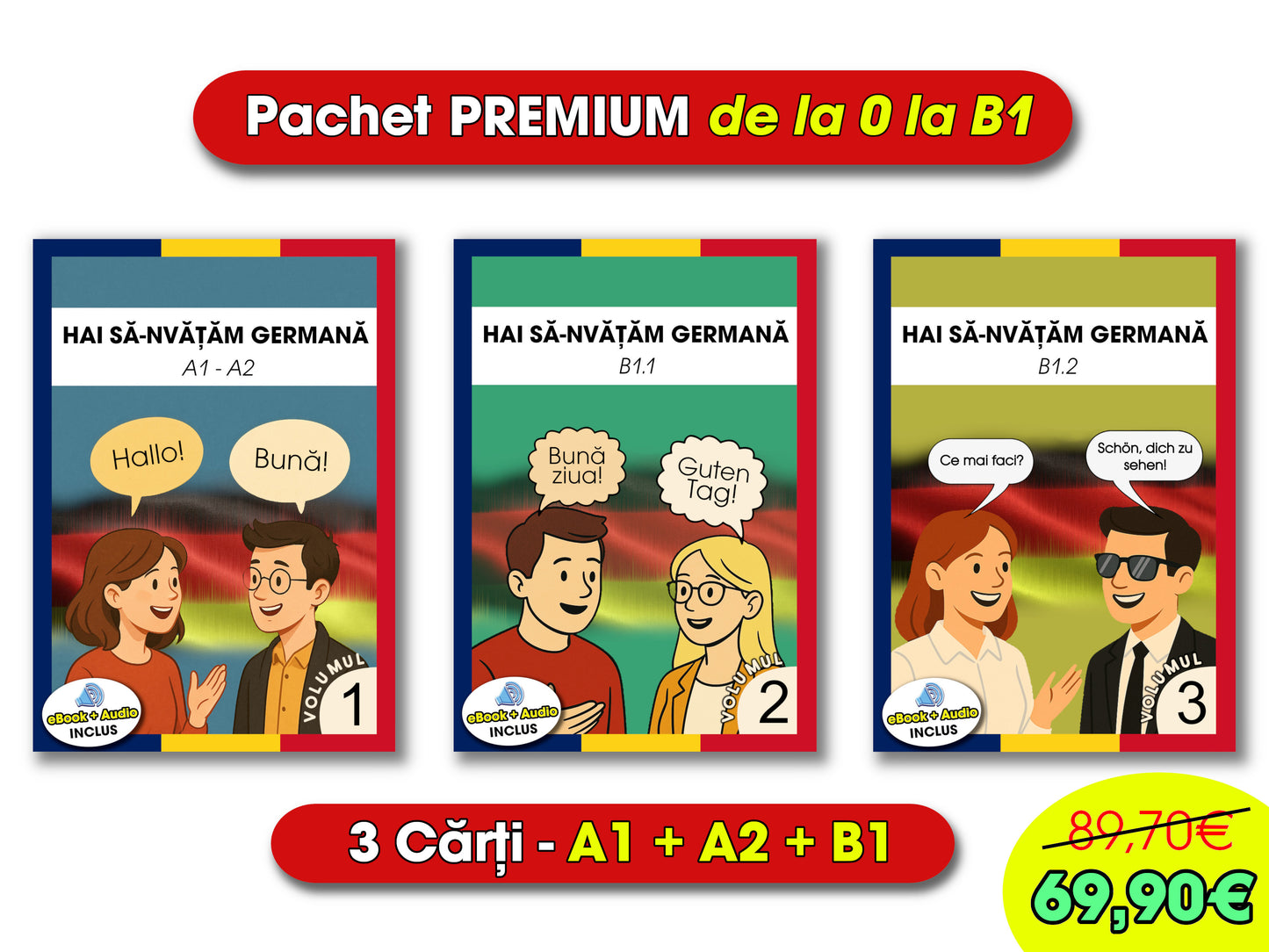 3 cărți + Audio | Pachet COMPLET de germană pentru romăni - A1, A2, B1