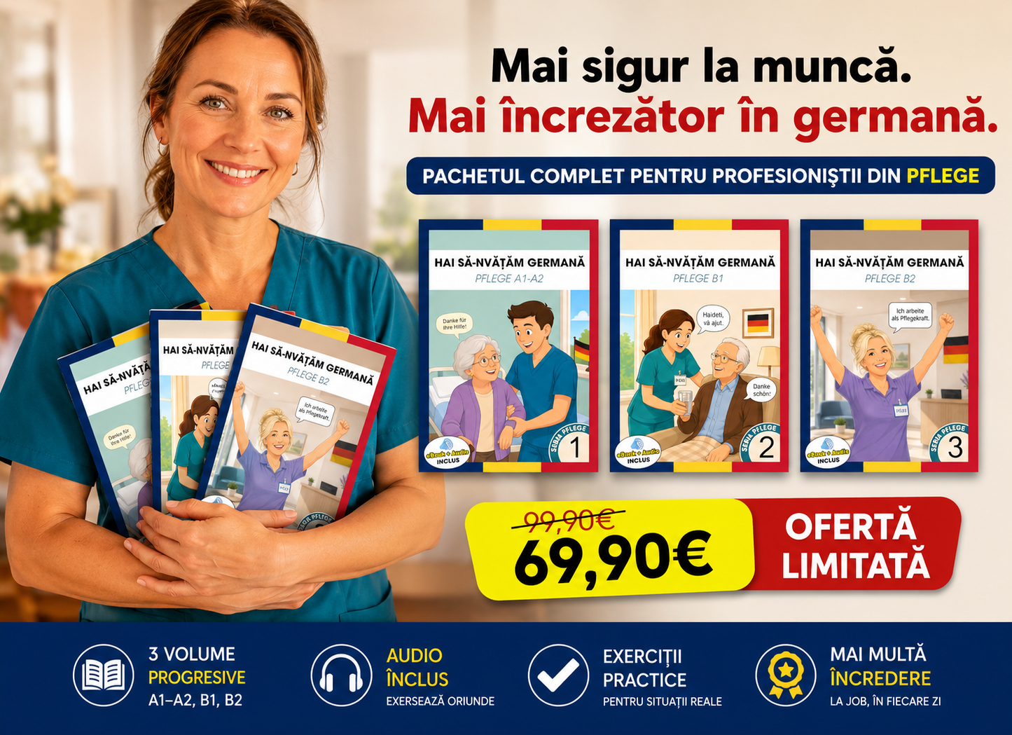 3 cărți tipărite + Audio | Pachetul „PFLEGE” de germană pentru români – de la A1 la B2