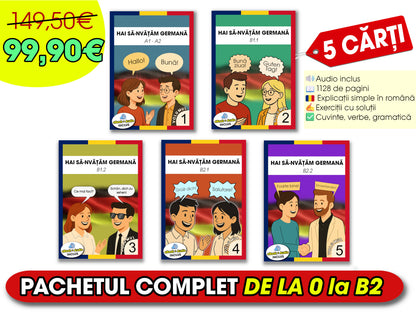 5 cărți tipărite + Audio | Pachetul COMPLET de germană pentru români – de la 0 la B2