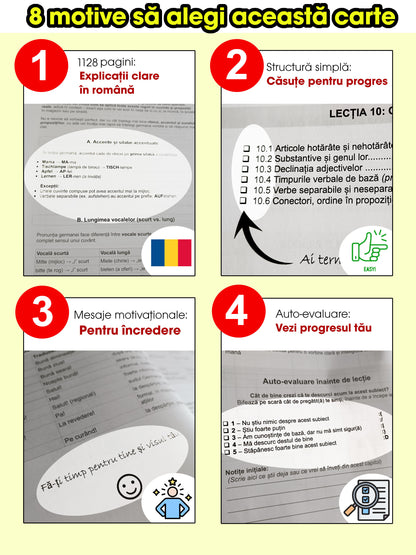 5 cărți tipărite + Audio | Pachetul COMPLET de germană pentru români – de la 0 la B2