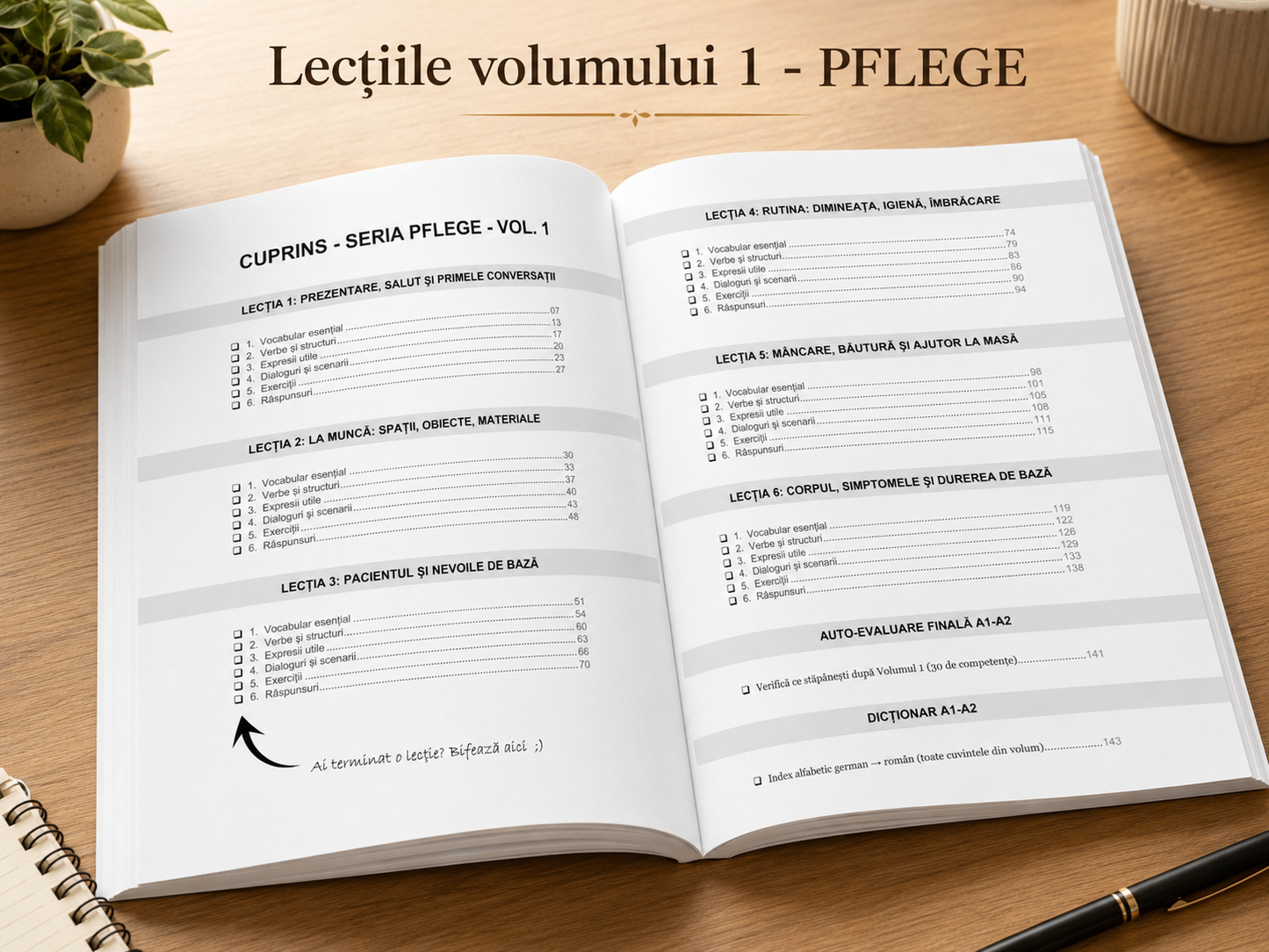 3 cărți tipărite + Audio | Pachetul „PFLEGE” de germană pentru români – de la A1 la B2