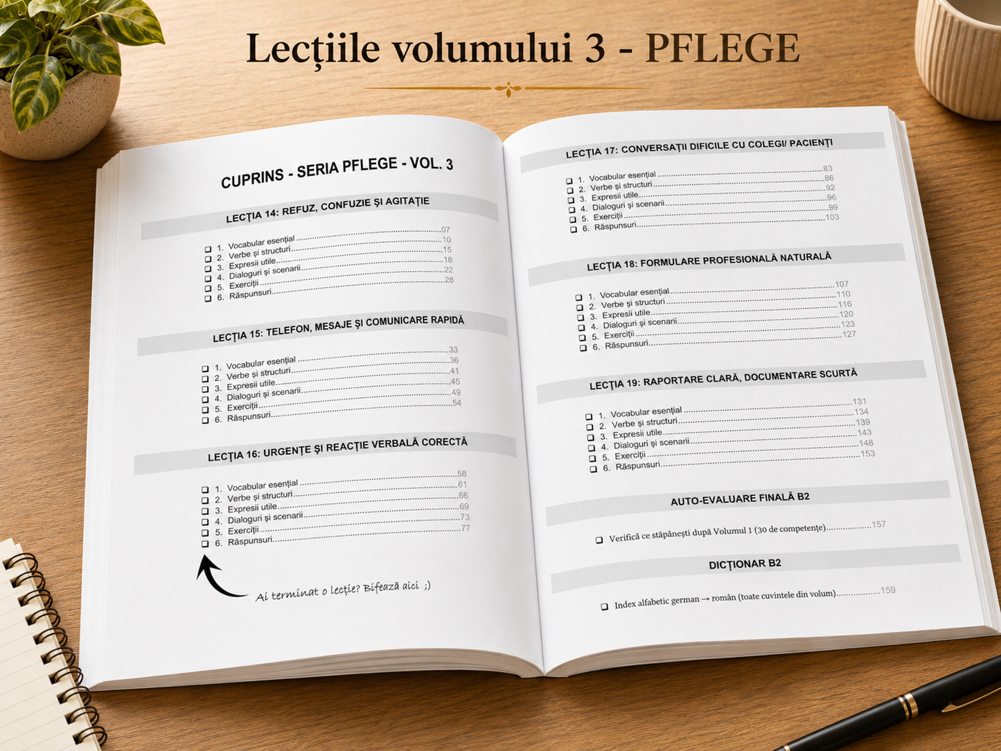 3 cărți tipărite + Audio | Pachetul „PFLEGE” de germană pentru români – de la A1 la B2