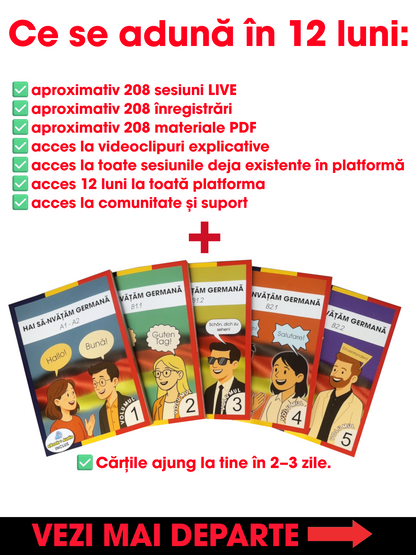 Sistem complet de învățare a limbii germane A1–B2 | 5 cărți tipărite + 12 luni acces la platforma online