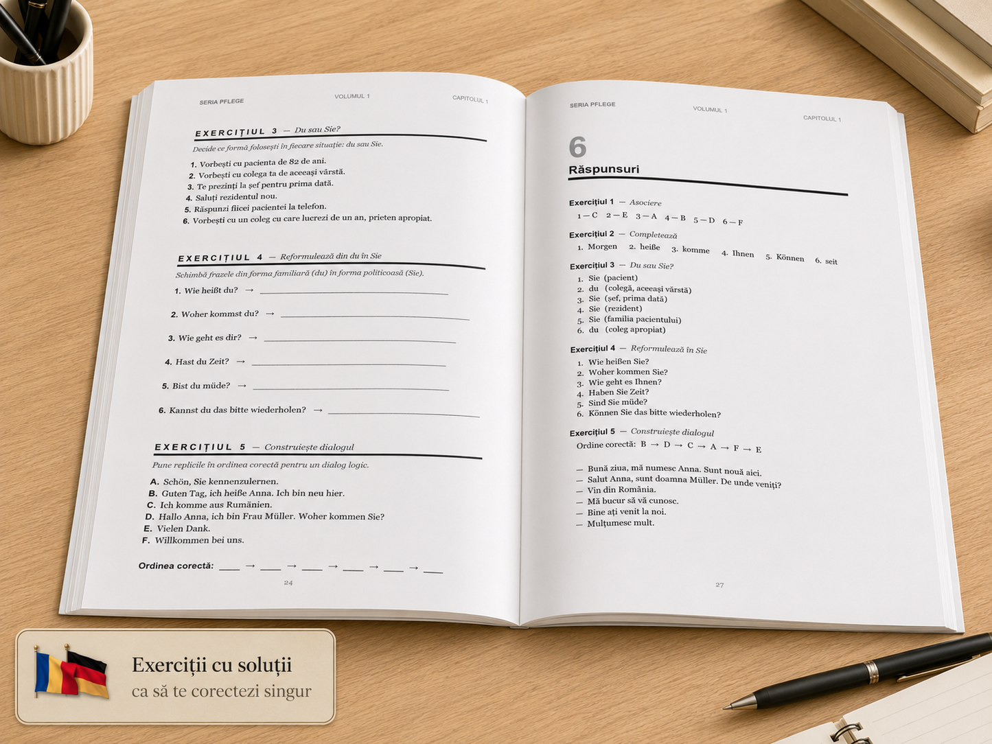 3 cărți tipărite + Audio | Pachetul „PFLEGE” de germană pentru români – de la A1 la B2