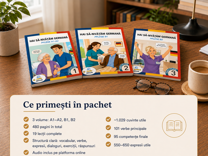 3 cărți tipărite + Audio | Pachetul „PFLEGE” de germană pentru români – de la A1 la B2